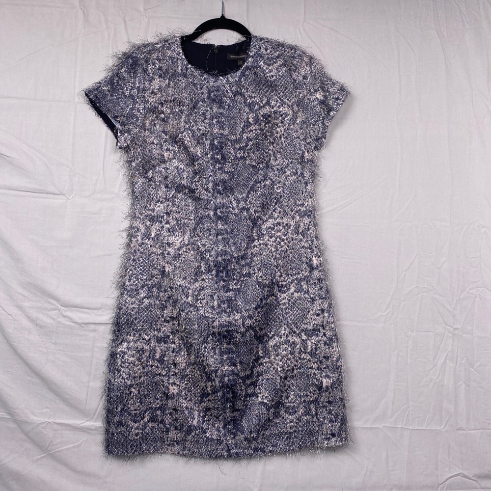 Banana Republic Eyelash Fringe Sheath Dress Women 0 Blue Snakeskin $148 NWT